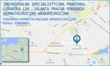 PORADNIA DERMATOLOGICZNO-WENEROLOGICZNA - INDYWIDUALNA SPECJALISTYCZNA PRAKTYKA LEKARSKA LEK. JOLANTA PRACOŃ PORADNIA DERMATOLOGICZNO-WENEROLOGICZNA - SPÓŁDZIELCZA 6/23,  BIAŁA PODLASKA