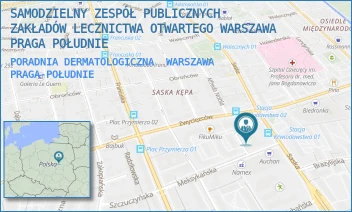 PORADNIA DERMATOLOGICZNA - SAMODZIELNY ZESPÓŁ PUBLICZNYCH ZAKŁADÓW LECZNICTWA OTWARTEGO WARSZAWA PRAGA POŁUDNIE - SASKA 61,  WARSZAWA PRAGA-POŁUDNIE