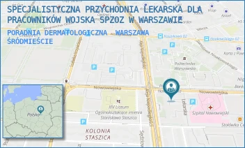 PORADNIA DERMATOLOGICZNA - SPECJALISTYCZNA PRZYCHODNIA LEKARSKA DLA PRACOWNIKÓW WOJSKA SPZOZ W WARSZAWIE - NOWOWIEJSKA 31,  WARSZAWA ŚRÓDMIEŚCIE
