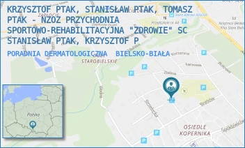 PORADNIA DERMATOLOGICZNA - KRZYSZTOF PTAK, STANISŁAW PTAK, TOMASZ PTAK - NZOZ PRZYCHODNIA SPORTOWO-REHABILITACYJNA "ZDROWIE" SC STANISŁAW PTAK, KRZYSZTOF P - UL. BRATKÓW 16,  BIELSKO-BIAŁA