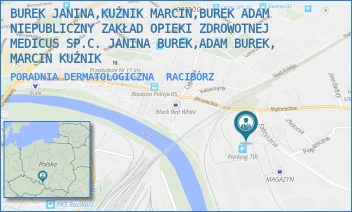 PORADNIA DERMATOLOGICZNA - BUREK JANINA,KUŹNIK MARCIN,BUREK ADAM NIEPUBLICZNY ZAKŁAD OPIEKI ZDROWOTNEJ MEDICUS SP.C. JANINA BUREK,ADAM BUREK, MARCIN KUŹNIK - UL. PIASTOWSKA 29,  RACIBÓRZ
