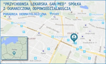PORADNIA DERMATOLOGICZNA - "PRZYCHODNIA LEKARSKA SAN-MED" SPÓŁKA Z OGRANICZONĄ ODPOWIEDZIALNOŚCIĄ - UL. BIBLIOTECZNA 17,  TYCHY