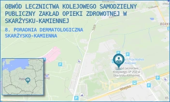 8. PORADNIA DERMATOLOGICZNA - OBWÓD LECZNICTWA KOLEJOWEGO SAMODZIELNY PUBLICZNY ZAKŁAD OPIEKI ZDROWOTNEJ W SKARŻYSKU-KAMIENNEJ - SOKOLA 50,  SKARŻYSKO-KAMIENNA